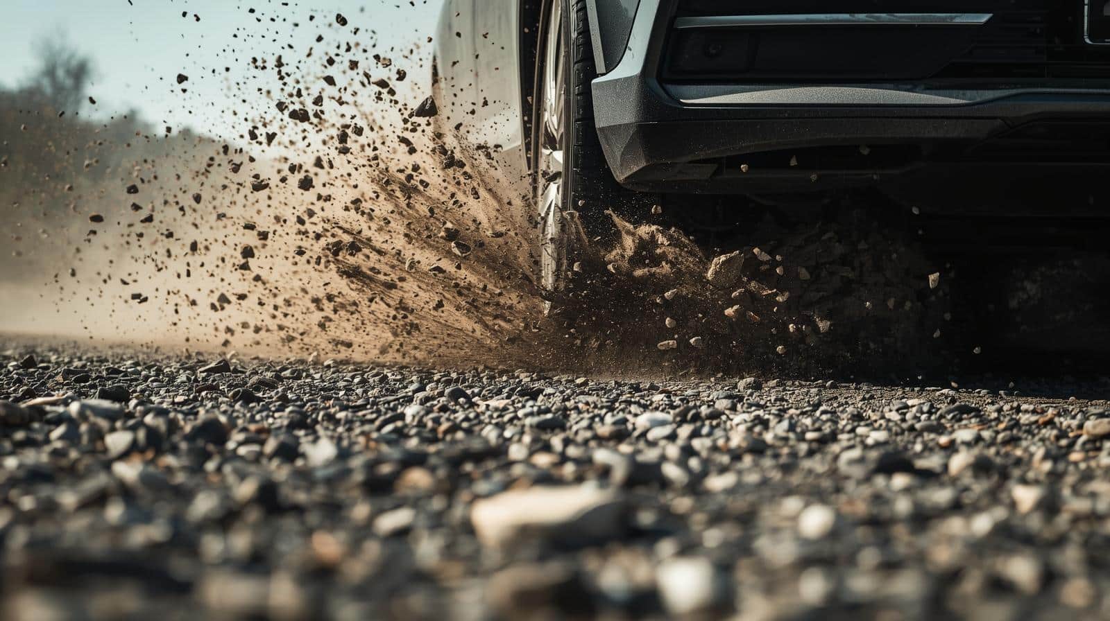 make an image of small rocks flying up at a car close up but still see the car on a road